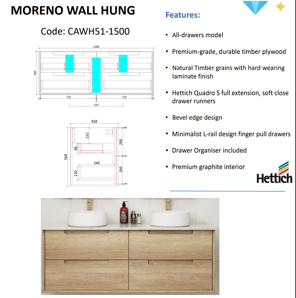 MORENO Wall Hung Vanity Natural Oak (All Sizes)-Drawing