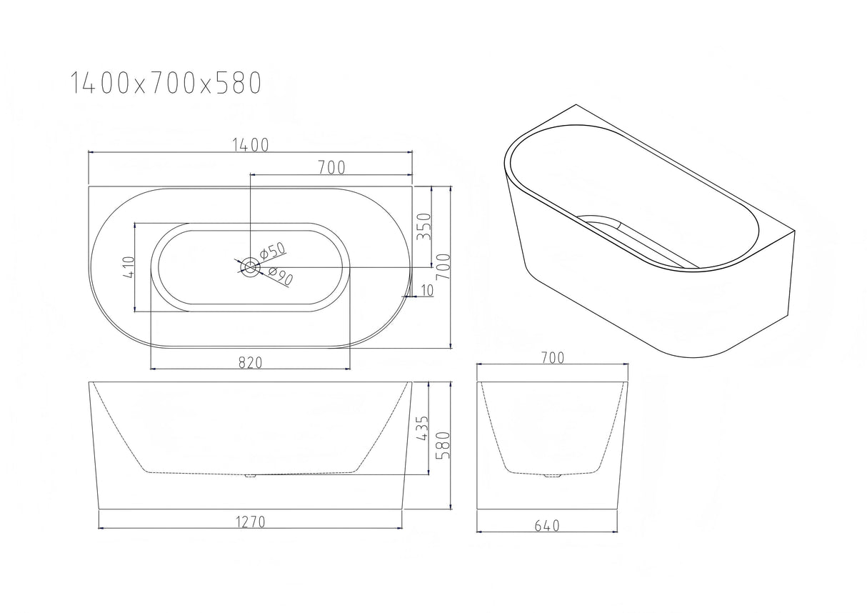 MUSEN Ultra-Thin Back-to-Wall Bathtub With Overflow (Gloss White) (1400/1500/1700mm)