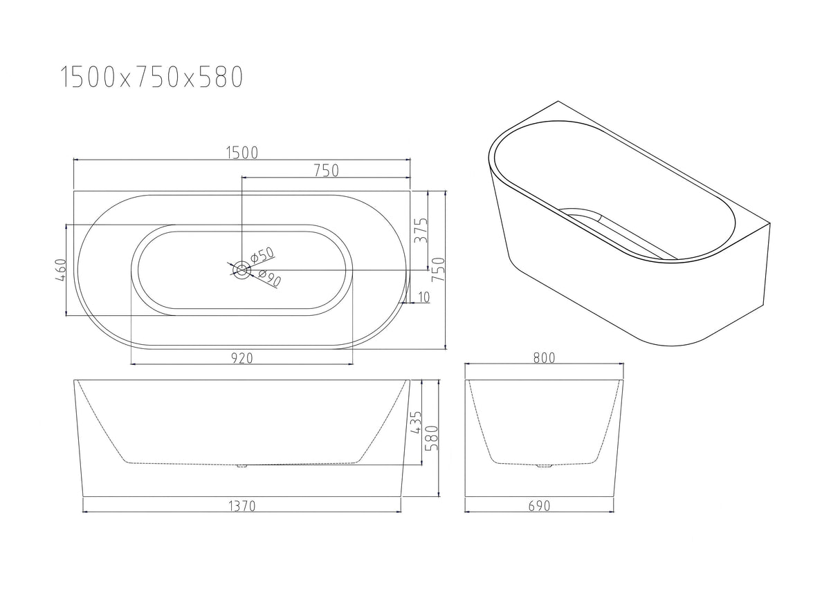 MUSEN Ultra-Thin Back-to-Wall Bathtub With Overflow (Gloss White) (1400/1500/1700mm)