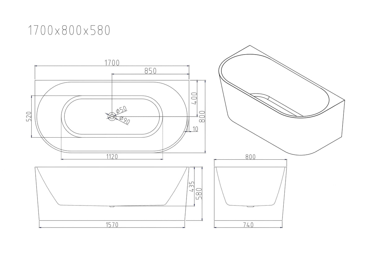 MUSEN Ultra-Thin Back-to-Wall Bathtub With Overflow (Gloss White) (1400/1500/1700mm)