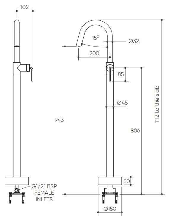 Meira Floor Mounted Bath Mixer Lead Free drawing