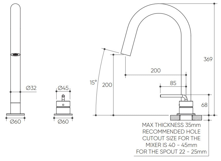 Meira Hob Sink Mixer Set 200 Curved Spout Lead Free drawing