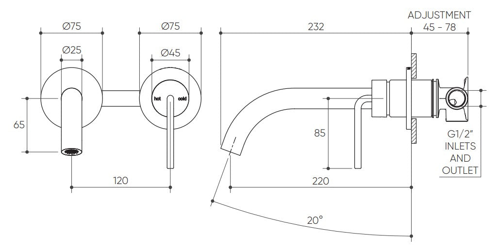 Meira Wall Basin/Bath Mixer Set 220 Curved Spout Lead Free drawing