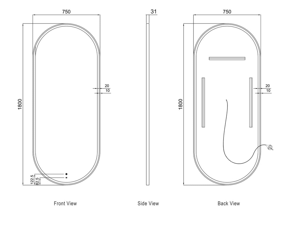 NOOSA LED Oval Metal Frame Mirror 1800x750mm
