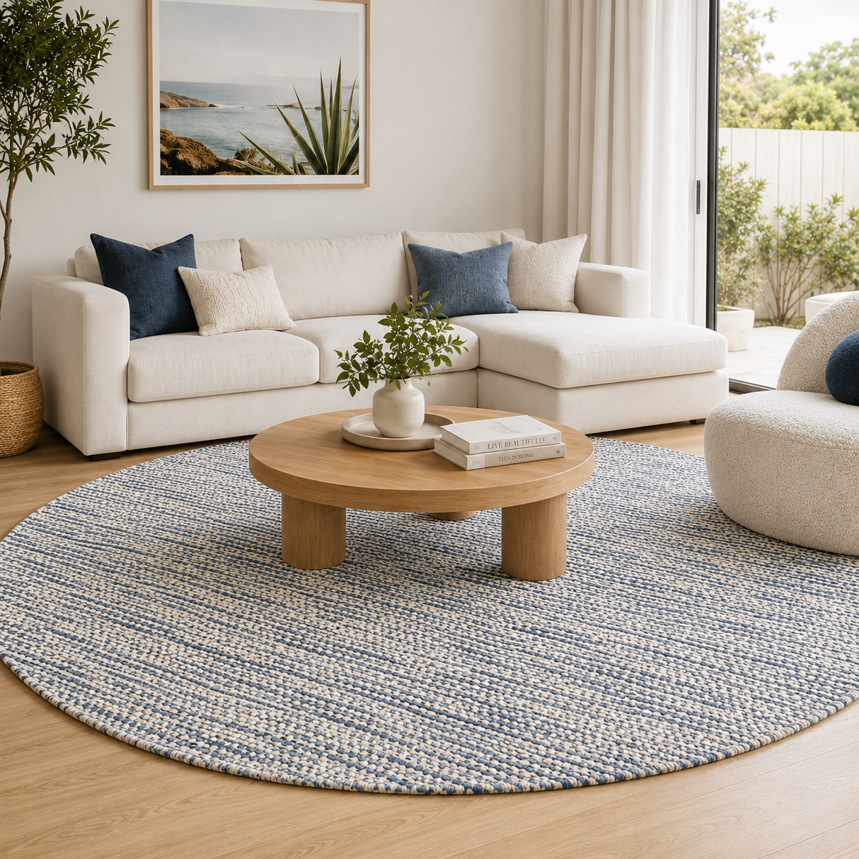 Nordic Teal Blue Reversible Wool Round Rug
