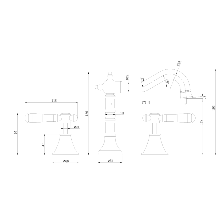 Nova II Basin Mixer Lead Free Drawing