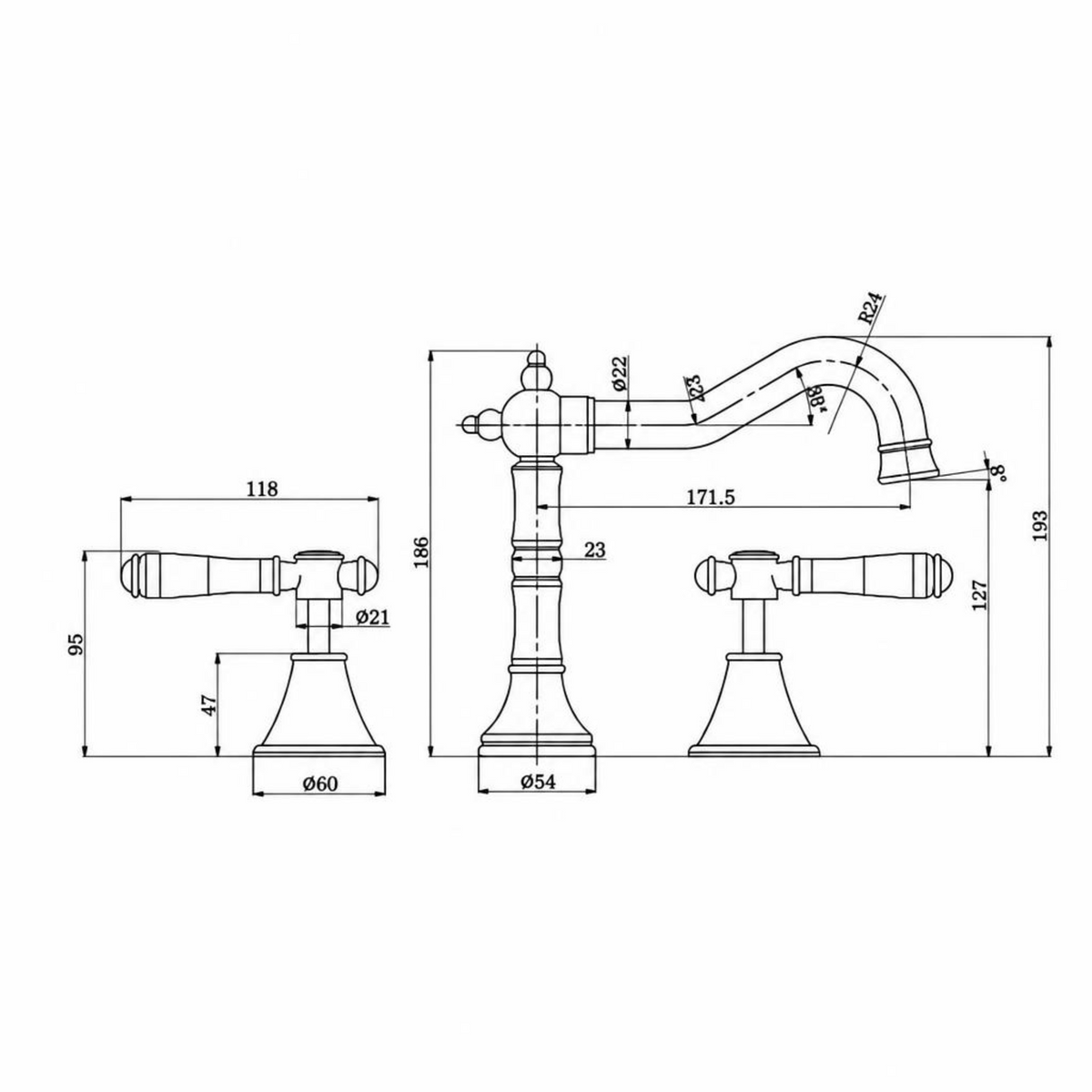 Nova II Basin Mixer Lead Free Drawing