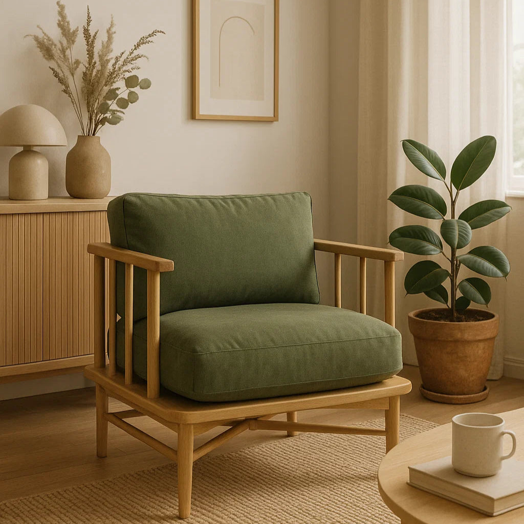 Opal American Oak Armchair - Cypress Green Velvet Cushions