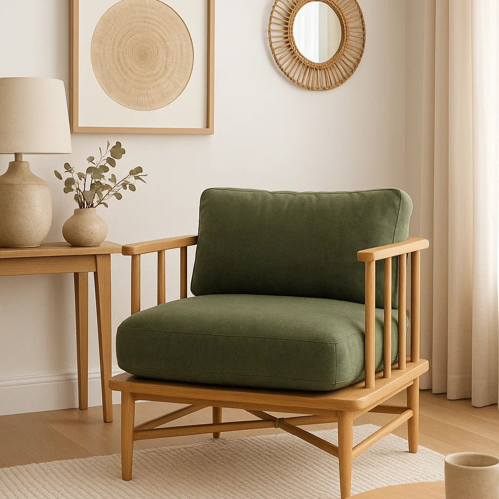 Opal American Oak Armchair - Cypress Green Velvet Cushions
