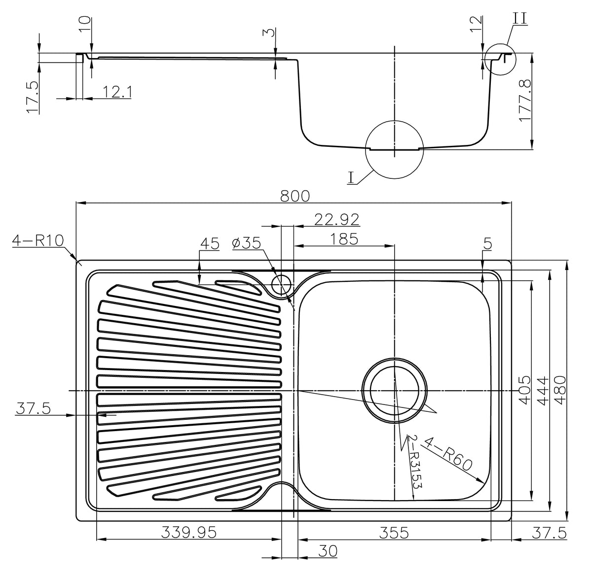 Otus Single Right Hand Bowl with Drainer Sink 800mm Drawing