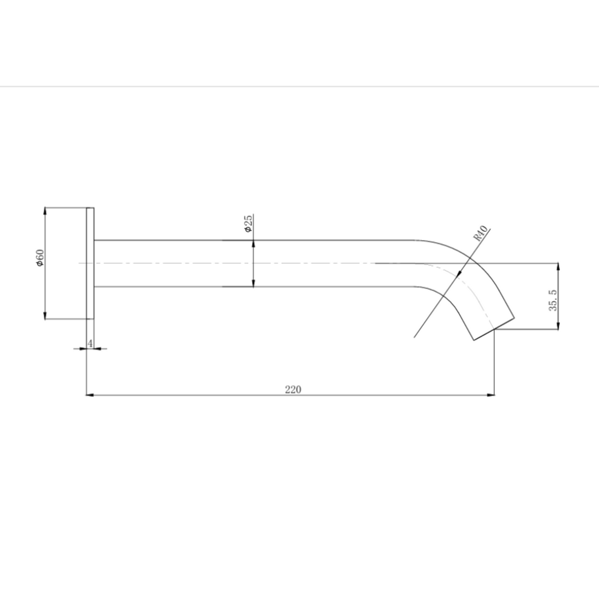 Otus Slimline Bath Spout 220mm Drawing