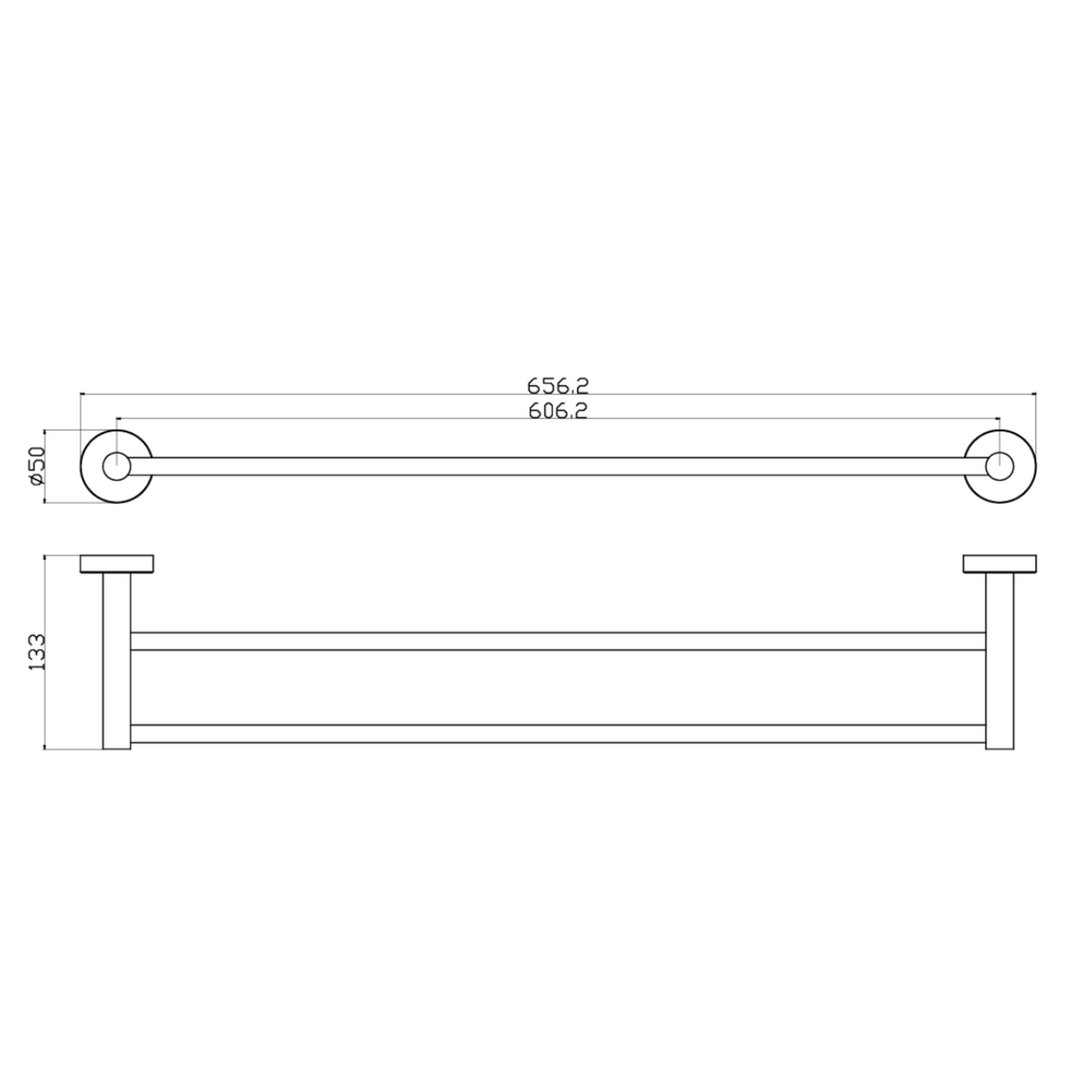 Otus Slimline SS304 Towel Rail Double 600mm Drawing
