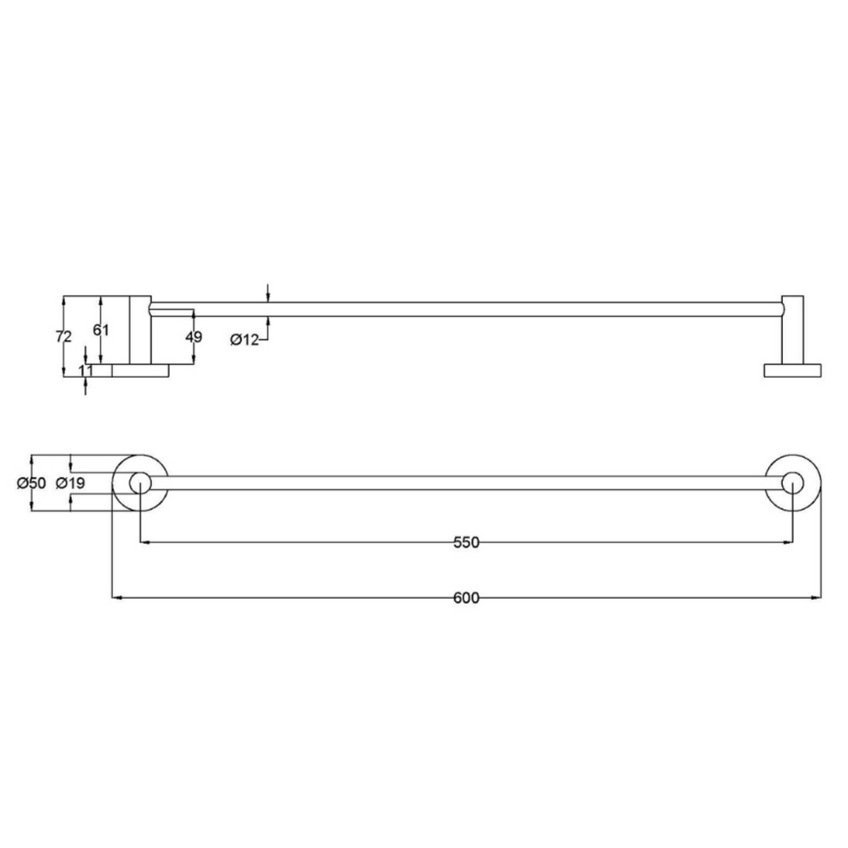 Otus Slimline SS304 Towel Rail Single 600mm Drawing