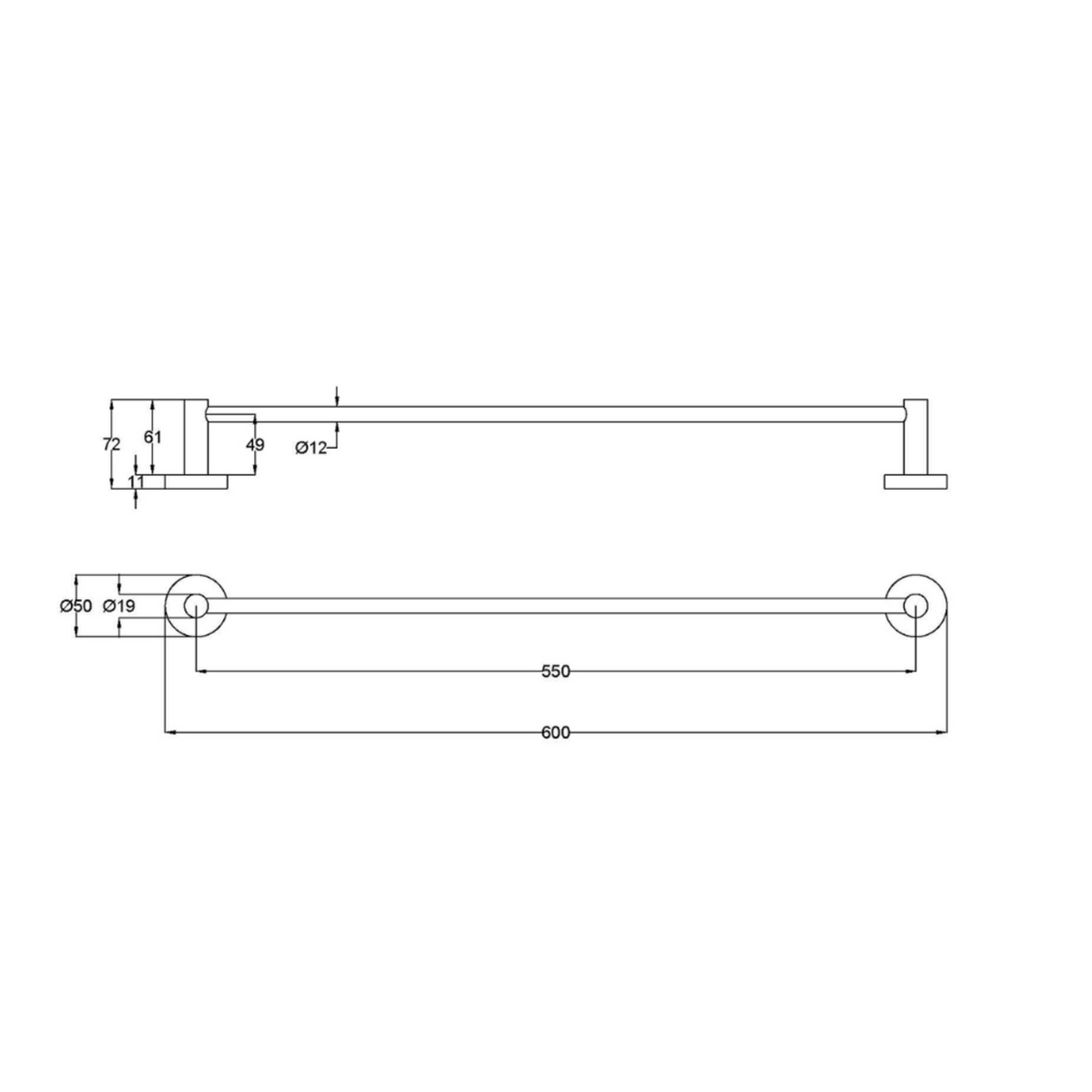 Otus Slimline SS304 Towel Rail Single 600mm Drawing