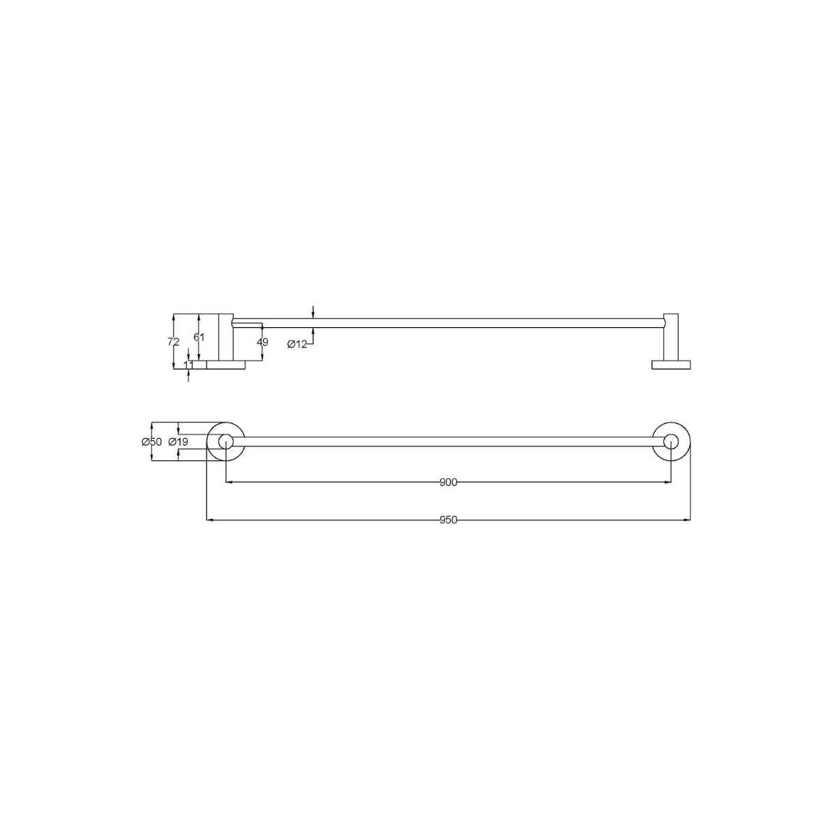 Otus Slimline SS304 Towel Rail Single 900mm Drawing