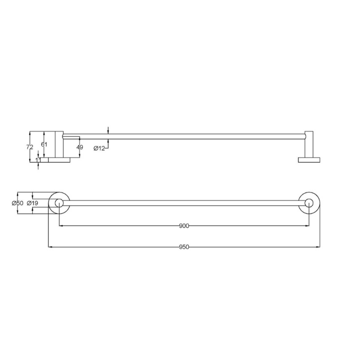 Otus Slimline SS304 Towel Rail Single 900mm Drawing