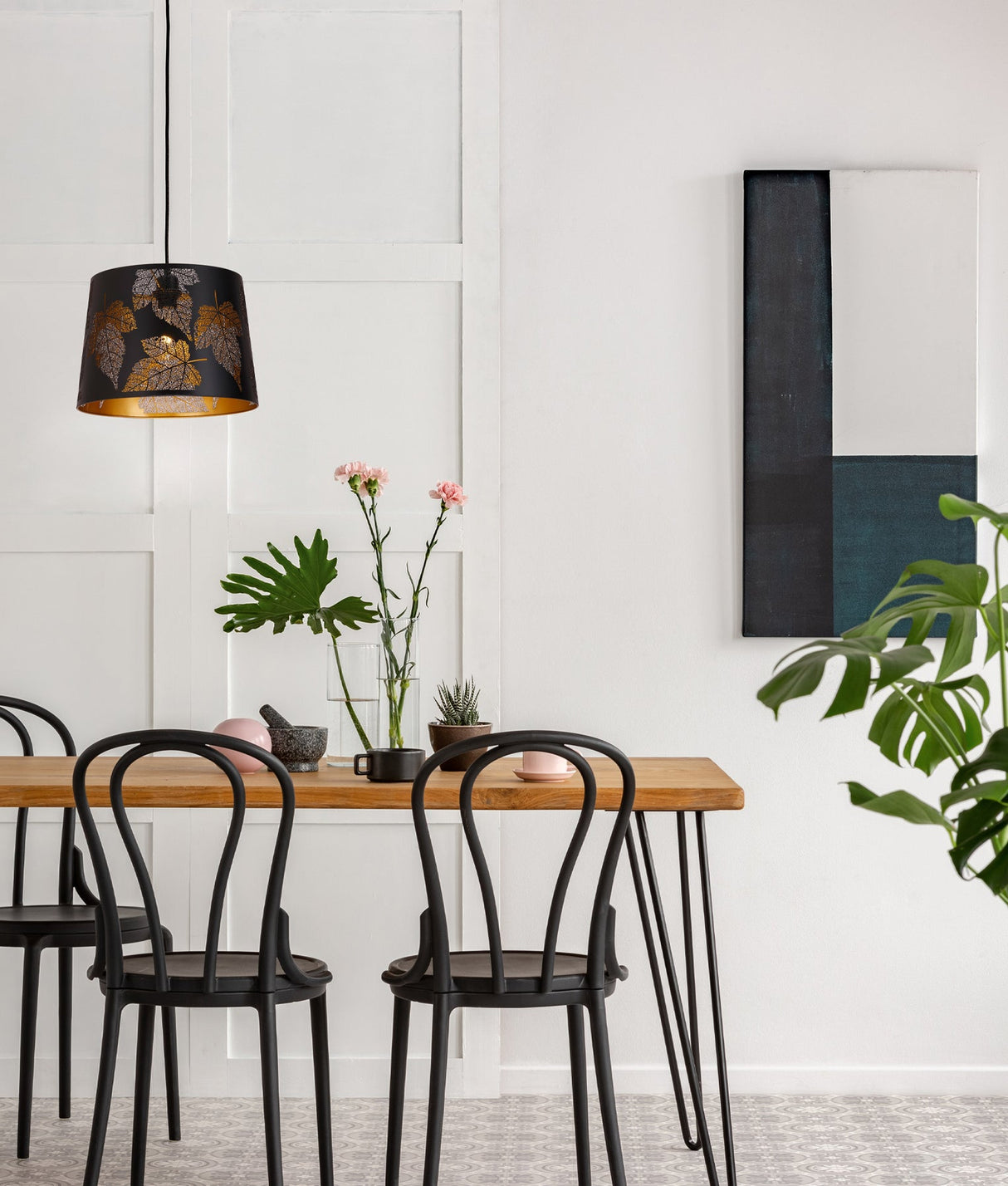 PENSHADE: Interior Slanted with Maple Leaf Pattern Laser Cut Pendant Lights (Black/ White)