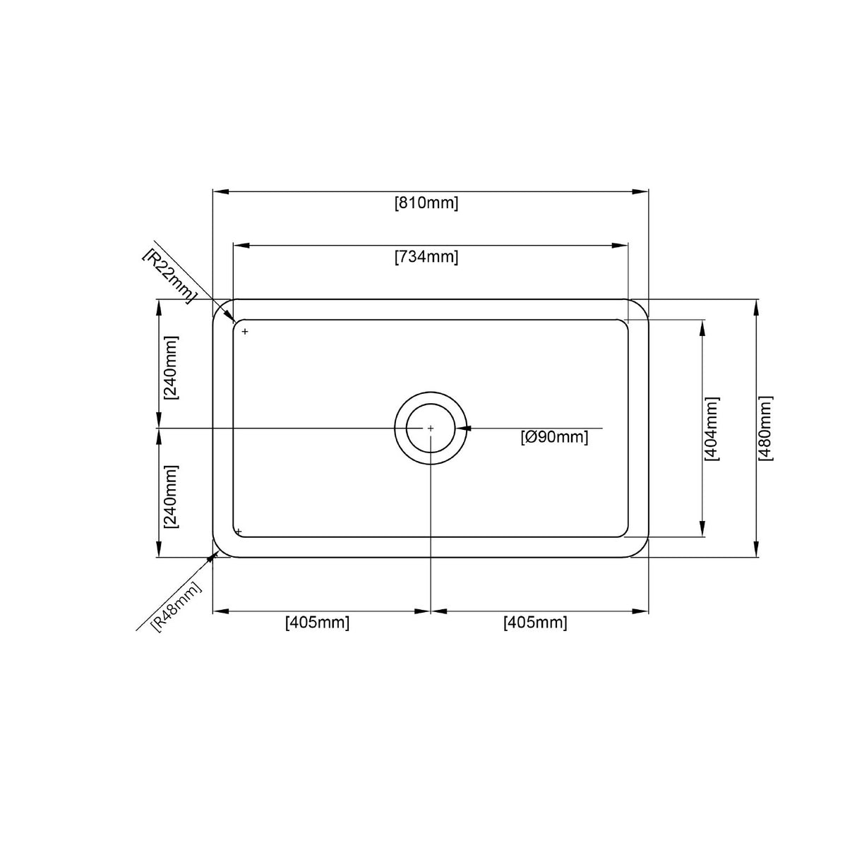 POS Camden Gloss White Fireclay Undermount Kitchen Sink 810x480x254mm-drawing