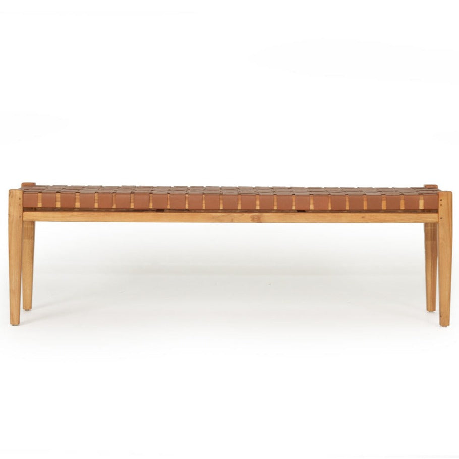 Paloma Woven Teak Leather Bench - Tan - 1.5m