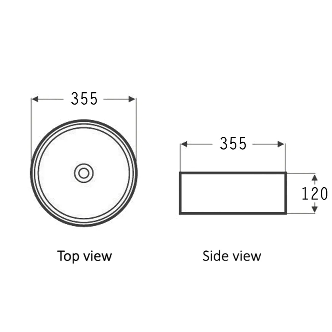 RADIUS Matte Black and Matte White Basin -drawing 355x355x120