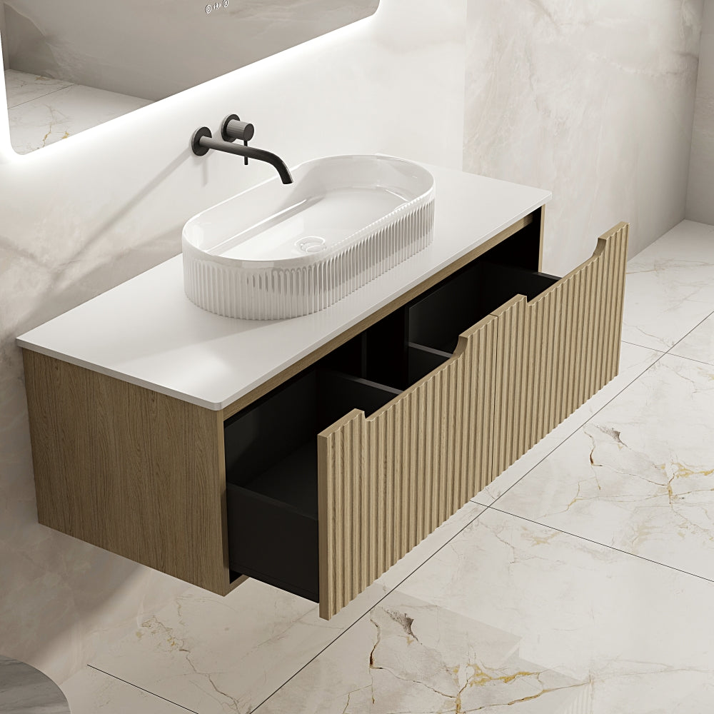 RHEA Fluted Wall-Hung Vanity - Natural Oak (All Sizes)