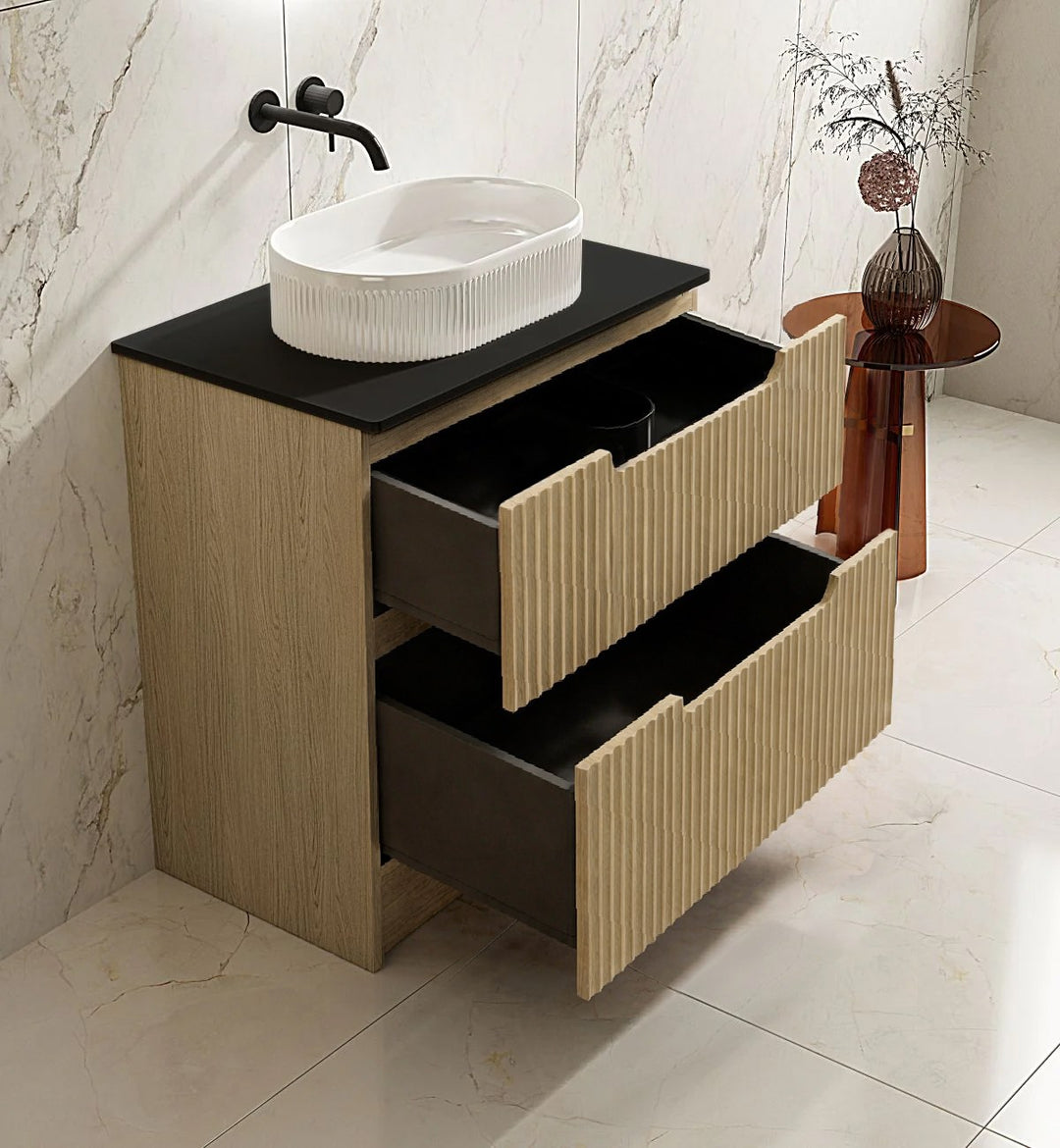 RHEA Fluted Floor Standing Vanity - Natural Oak (All Sizes)