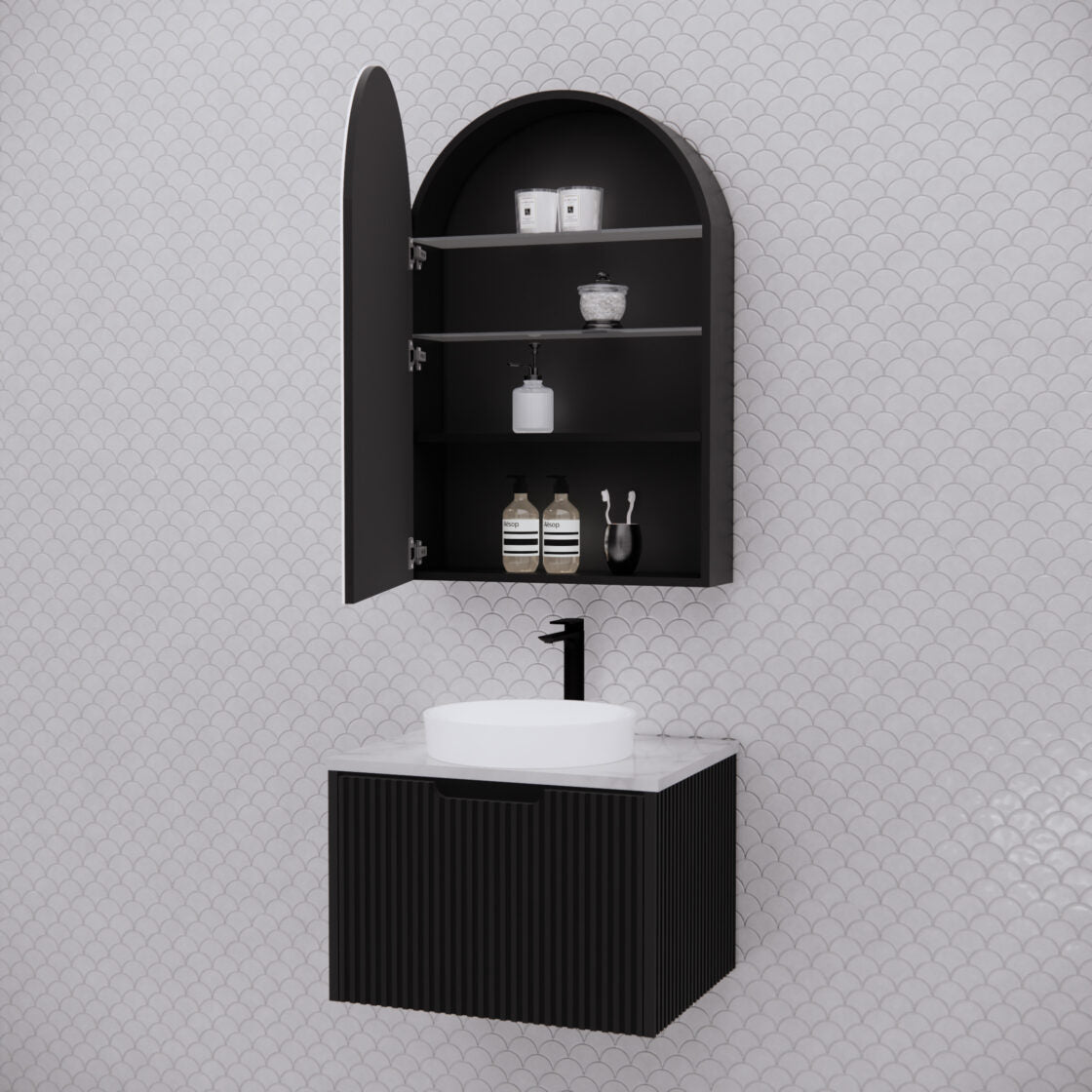 RIVA LONDON Matte Black Arch Shaving Cabinet 600mm