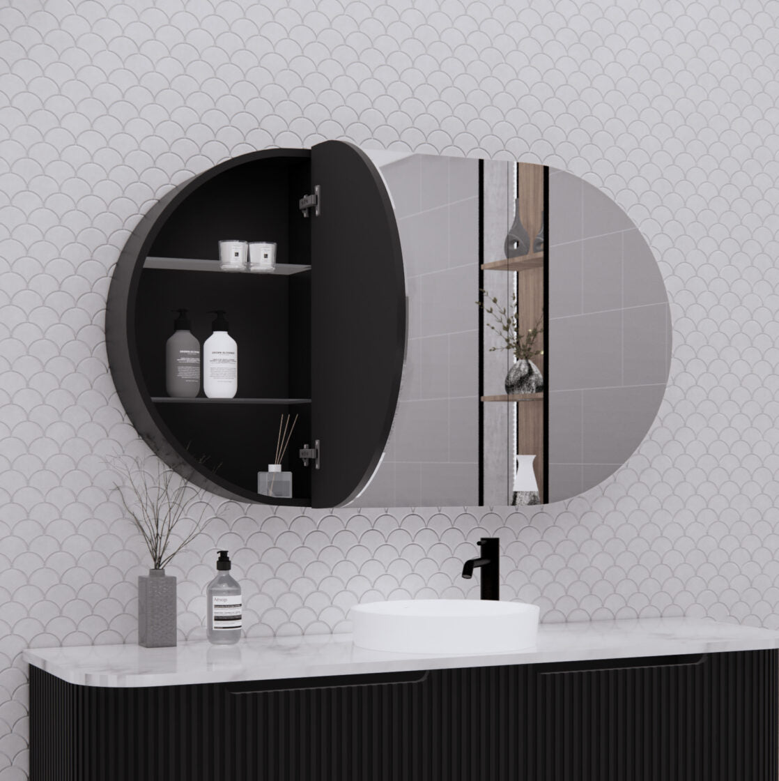 RIVA LONDON Matte Black Oval Shaving Cabinet 1200mm-3