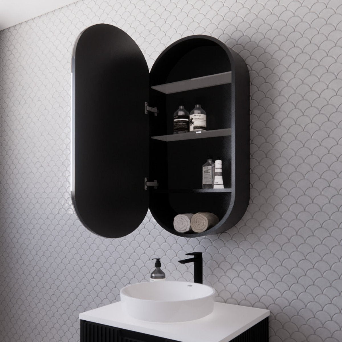 RIVA LONDON Matte Black Oval Shaving Cabinet 450mm