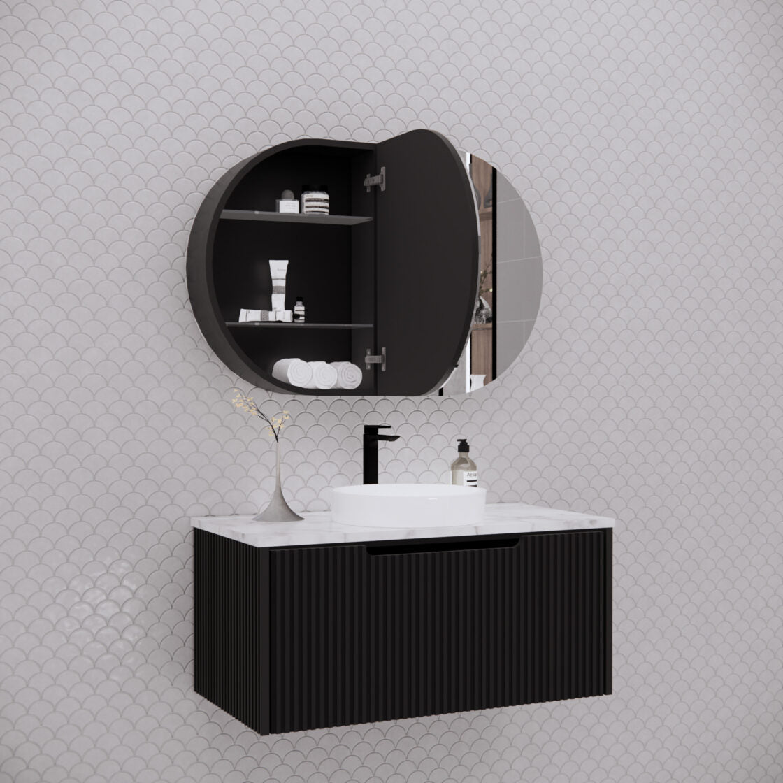 RIVA LONDON Matte Black Oval Shaving Cabinet 870mm-2