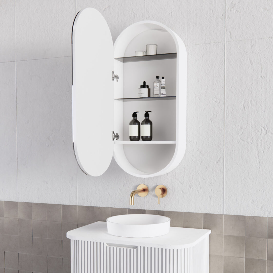 RIVA LONDON Matte White Oval Mirror Cabinet 455x870x140mm