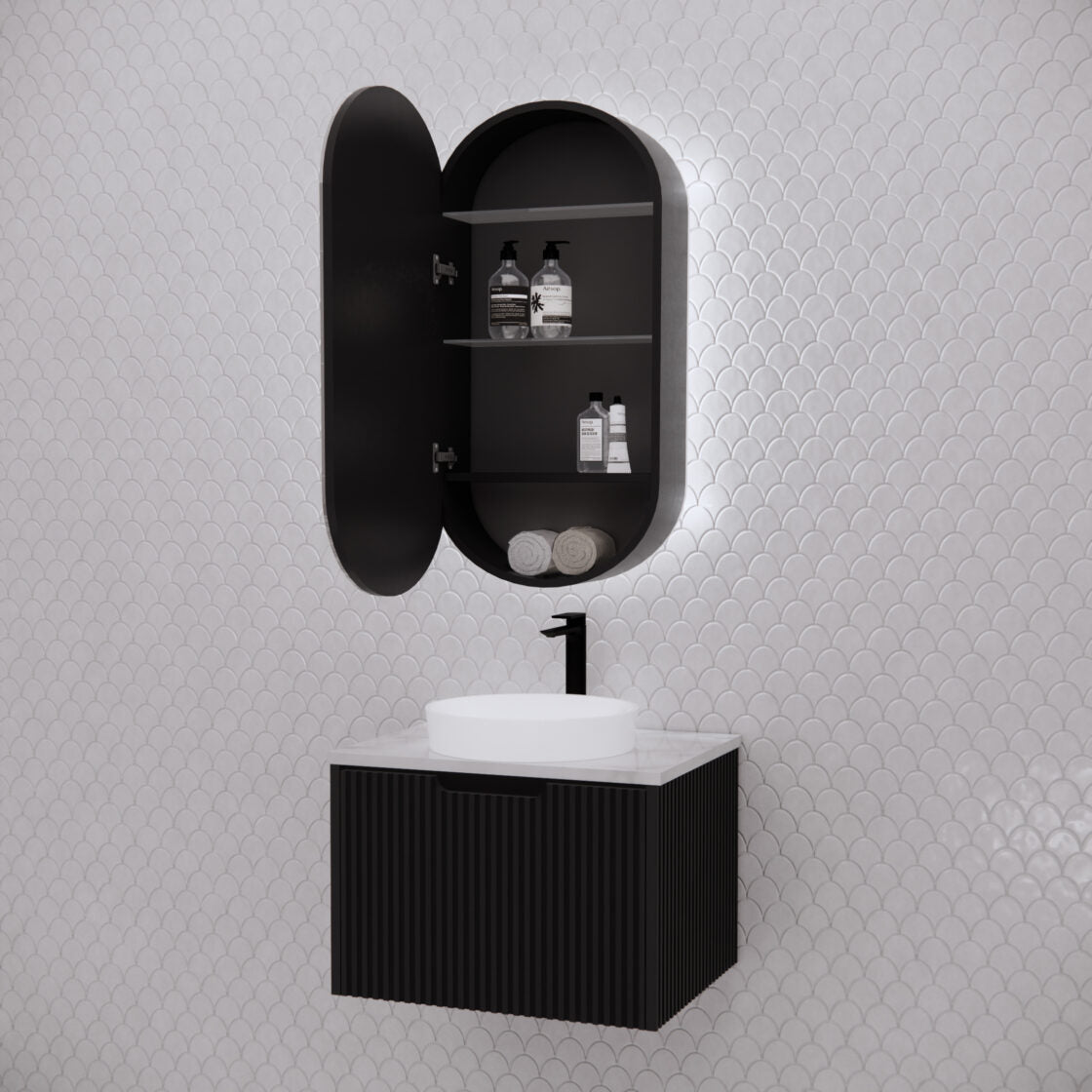 RIVA PARIS Matte Black Oval LED Shaving Cabinet 450mm