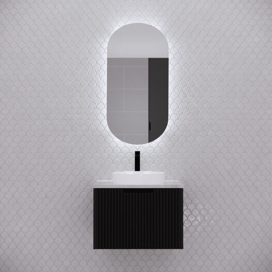 RIVA PARIS Matte Black Oval LED Shaving Cabinet 450mm
