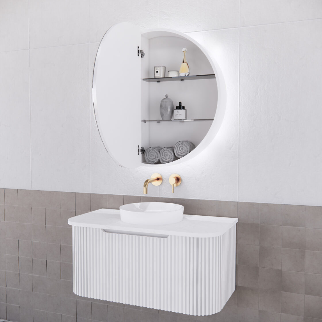 RIVA PARIS Matte White Round LED Shaving Cabinet 800mm