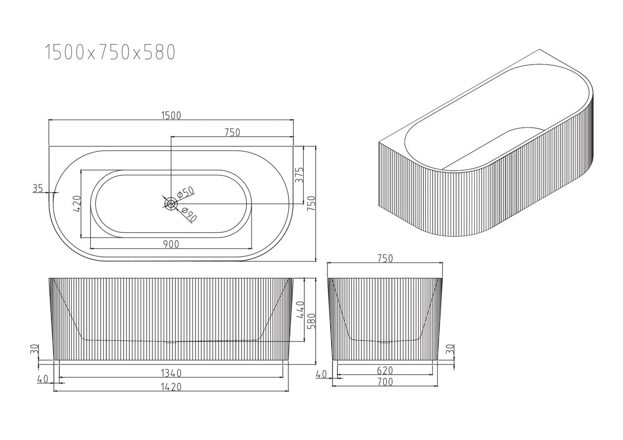 Rose Fluted Back-to-Wall Bathtub Overflow (Matte White) 1500/1700mm