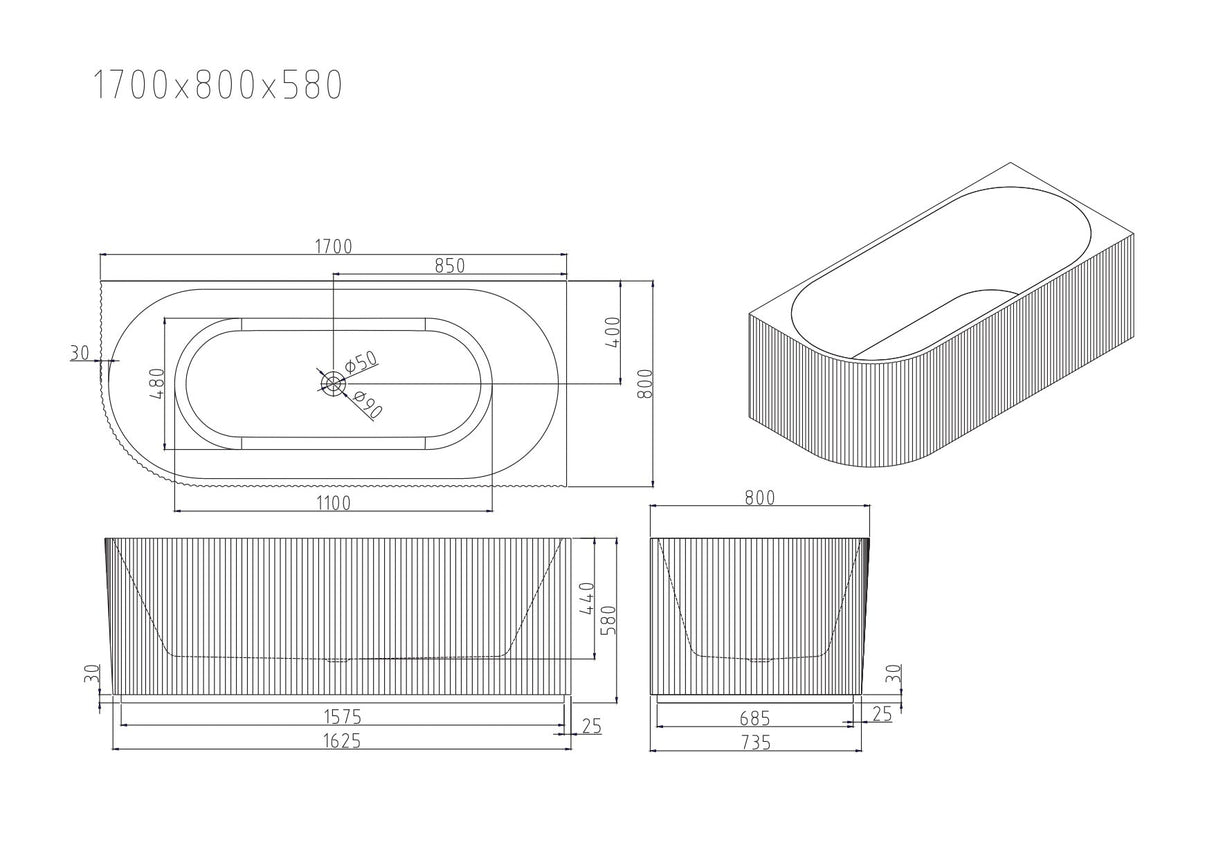 Rose V-Groove Corner Back-to-Wall Bathtub Overflow (Matte White) 1500/1700mm