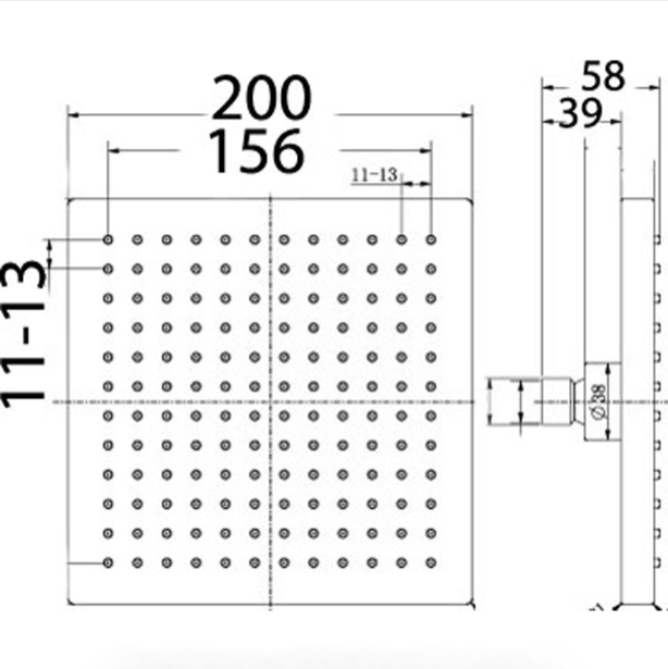 Rosa Square Overhead Shower 200mm - Technical Drawing
