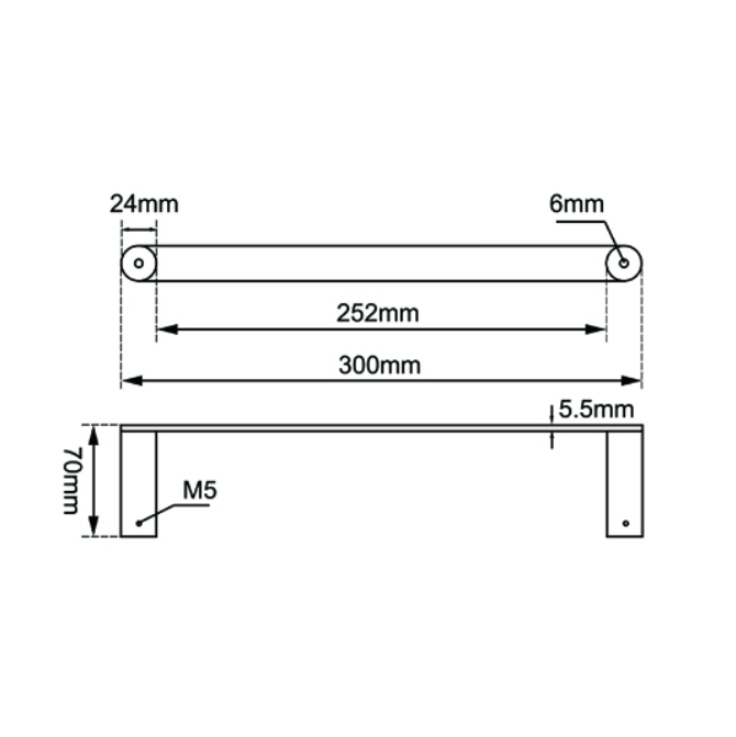 RUSHY Towel Bar 300mm - Black & Chrome Technical Drawing