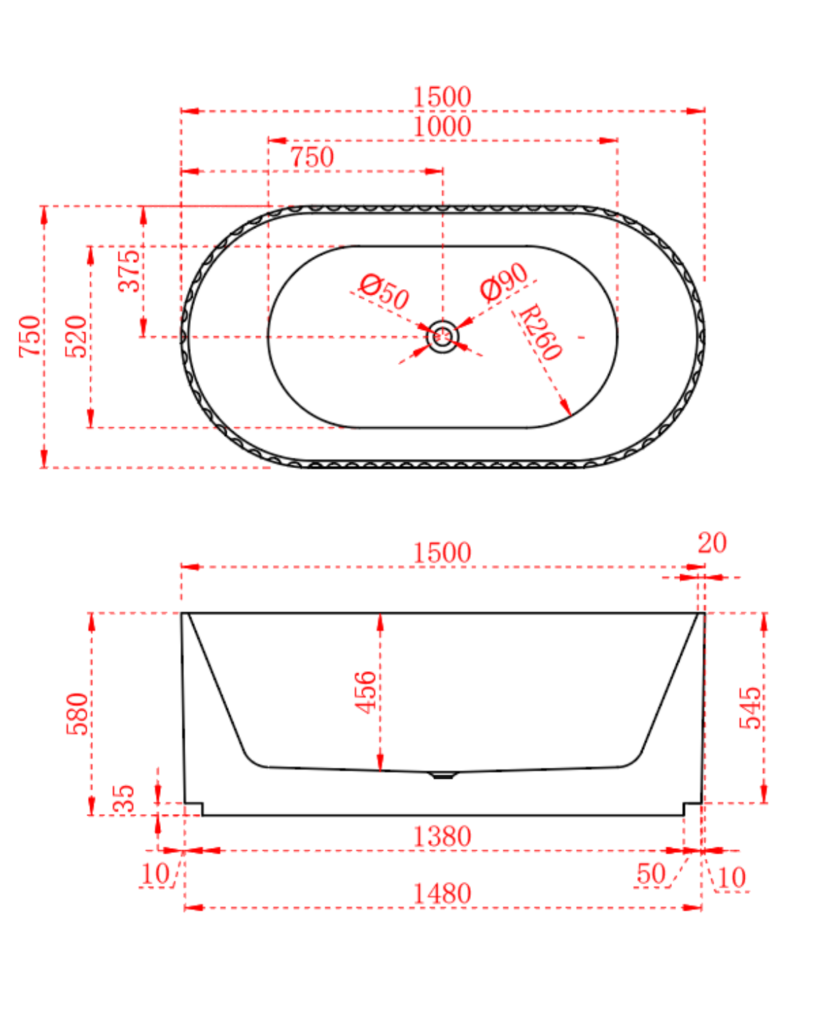 ROMA Free Standing Bathtub with Non-Overflow (Gloss White/Matte White) (1500/1700)