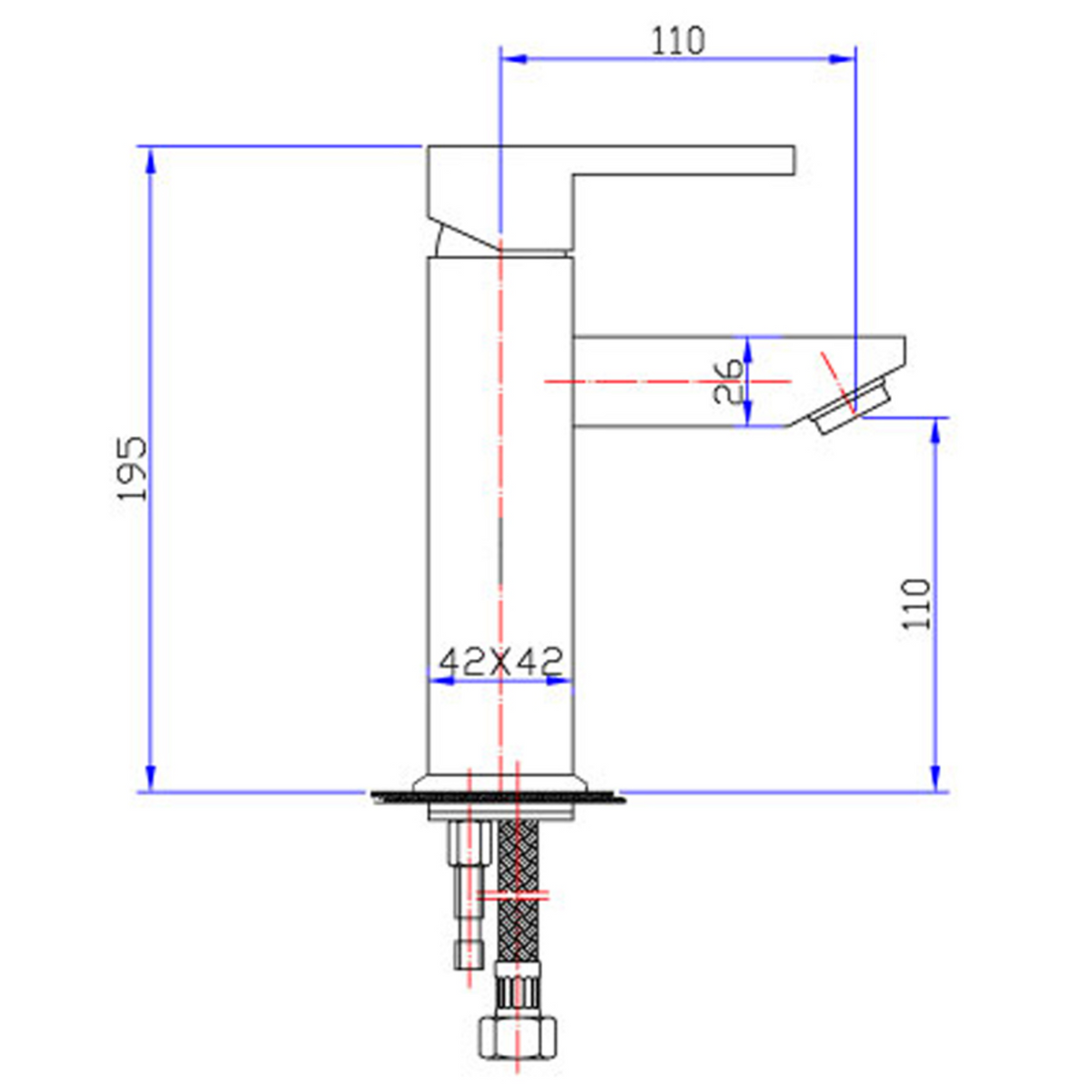 Rosa Rectangle Handle Basin Mixer Lead Free Drawing