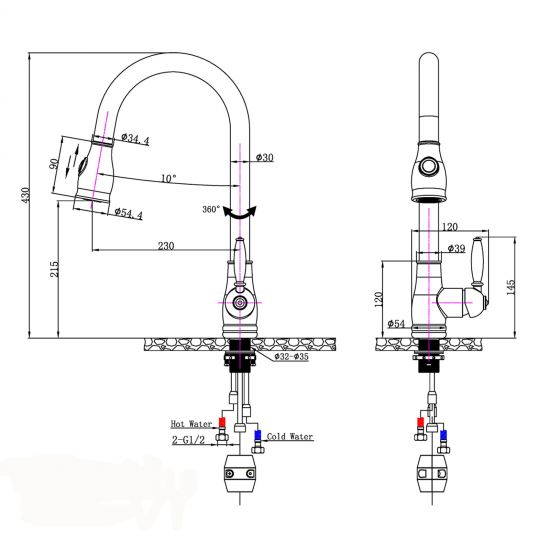 Round Vintage Pull Out Kitchen Sink Mixer Tap - Black Technical Drawing