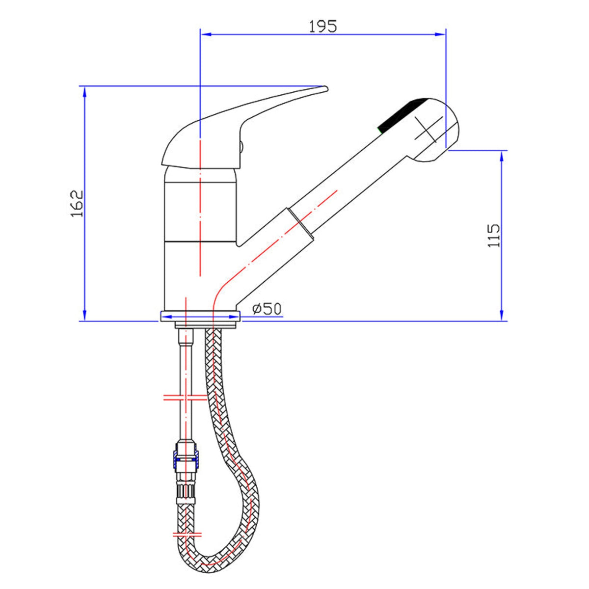 Ruby Slim Rectangle Handle Pull-Out Sink Mixer Lead Free Drawing