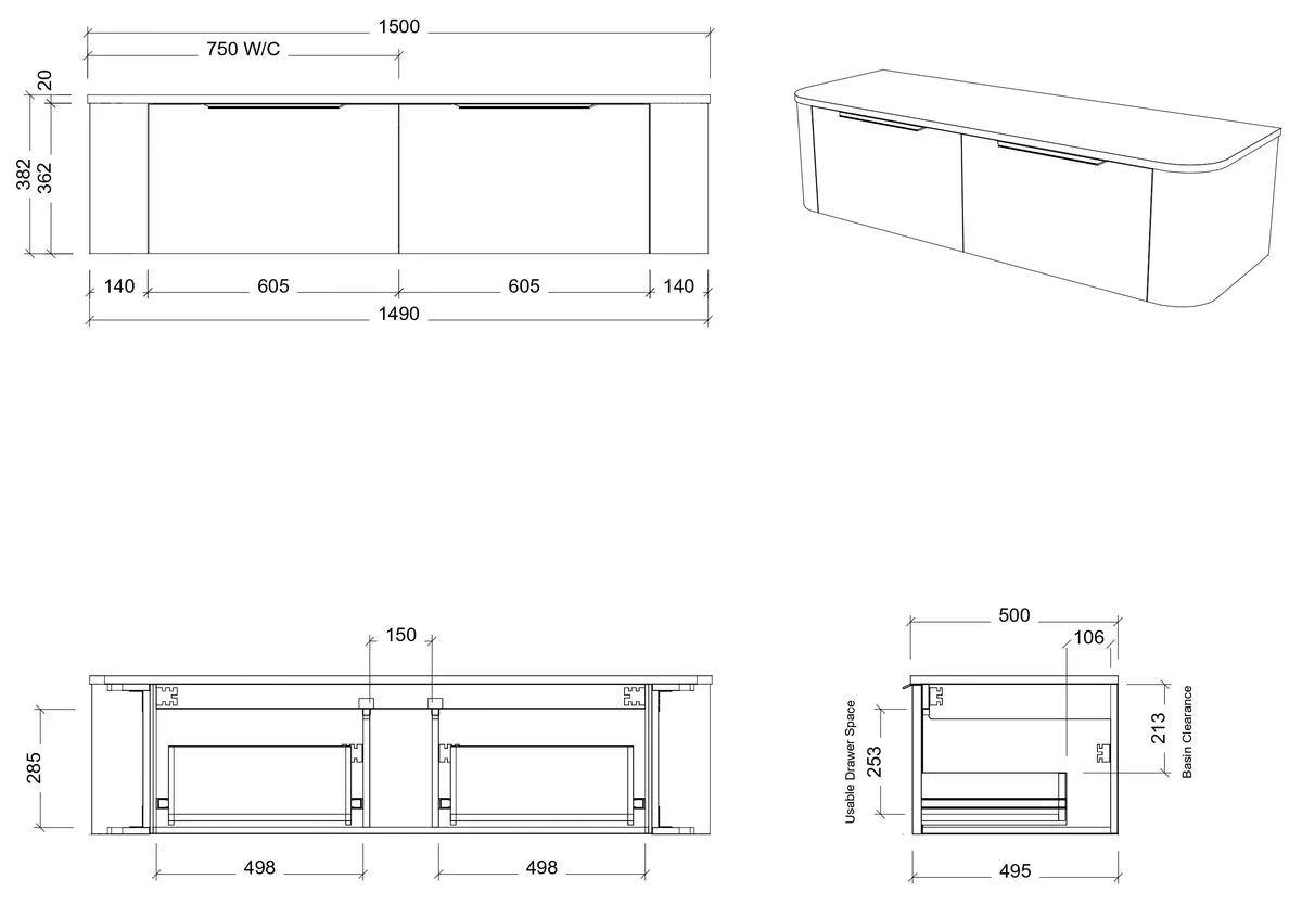 Timberline SANTOS Fluted Wall Hung Vanity (All Sizes)
