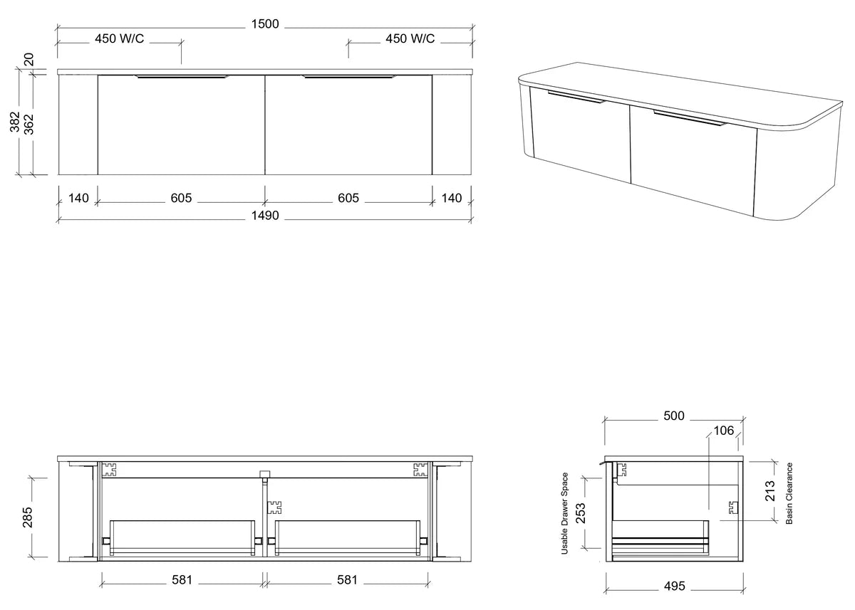 Timberline SANTOS Fluted Wall Hung Vanity (All Sizes)