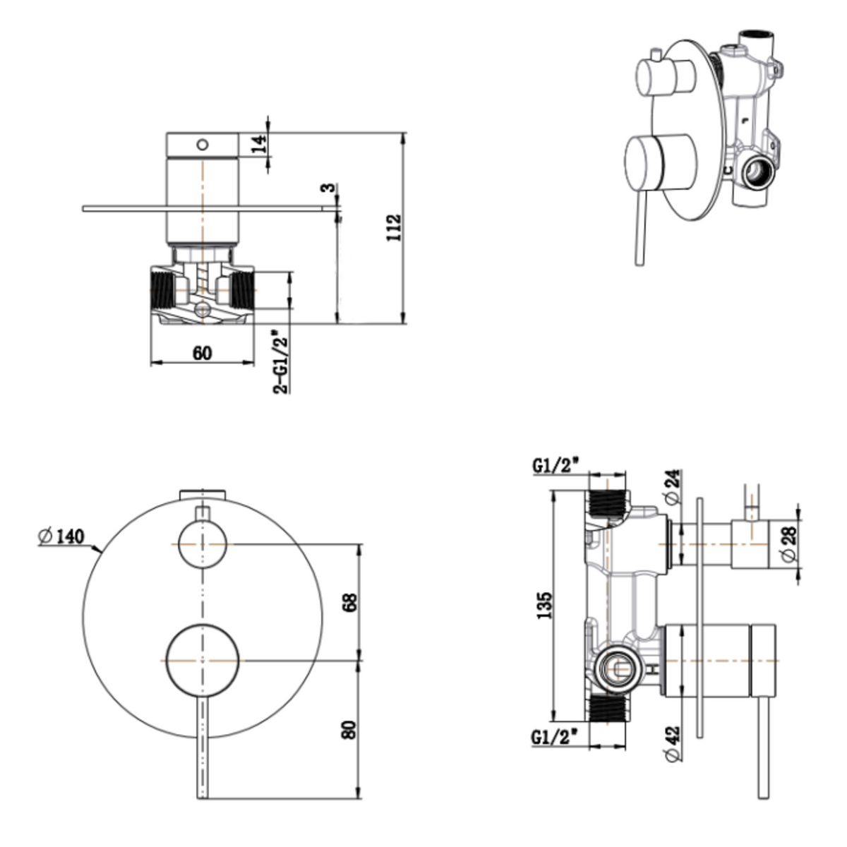 Mica Shower Mixer Diverter - 1P - TRIM KIT