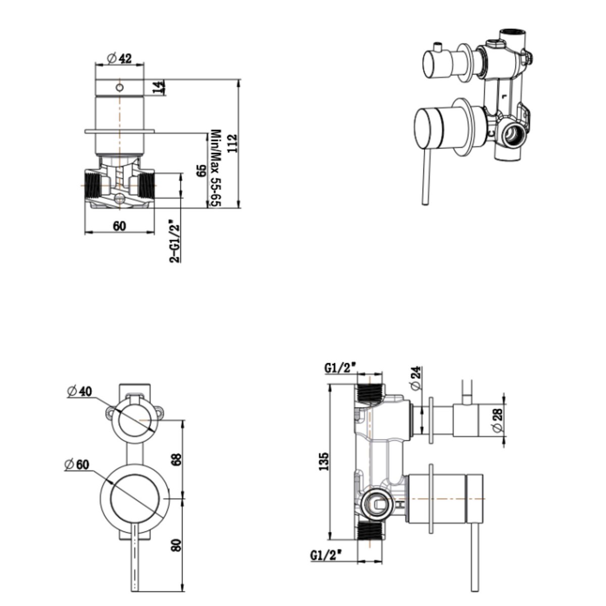 Mica Shower Mixer Diverter - 2P - TRIM KIT
