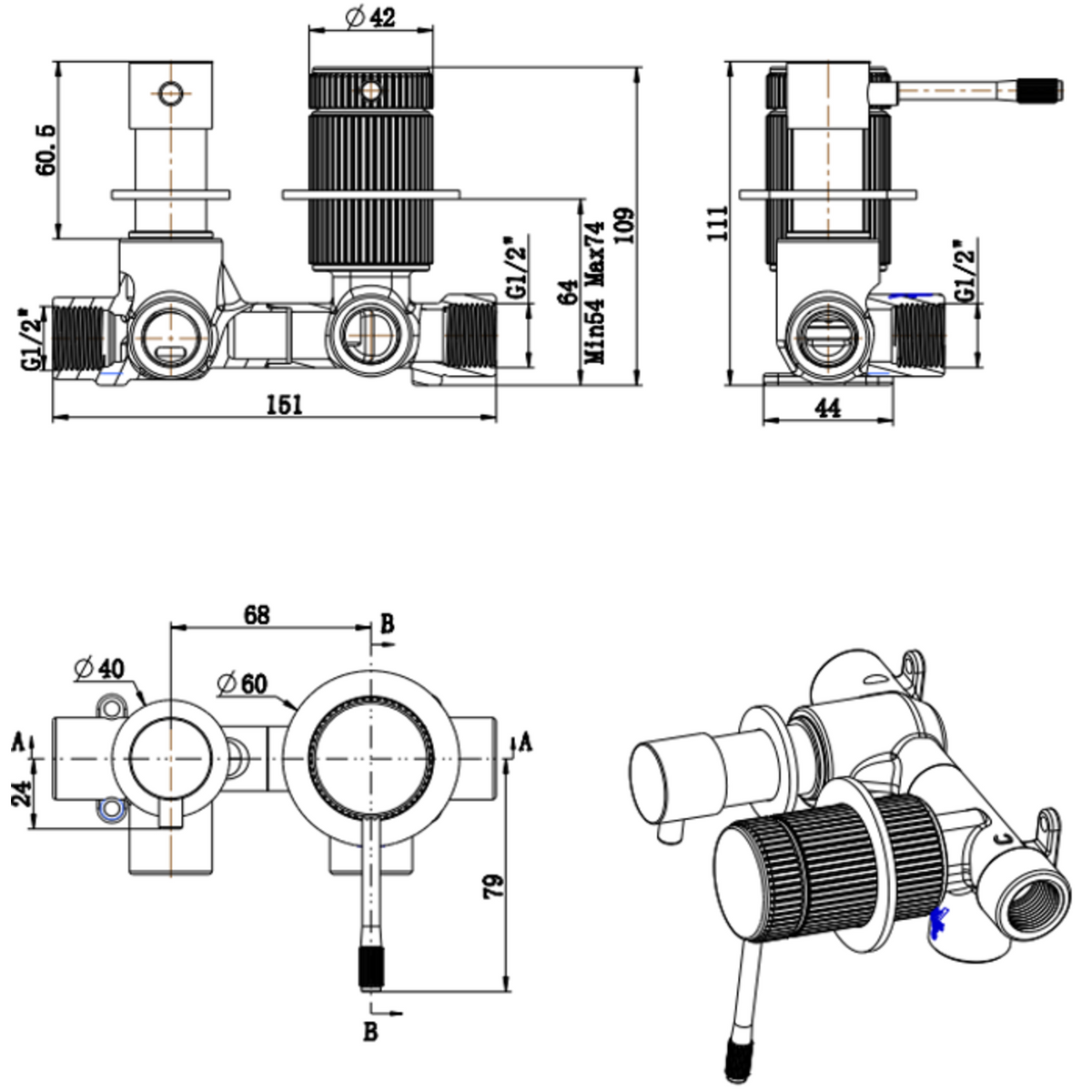 Mica Fluted Sideways Shower Mixer Diverter