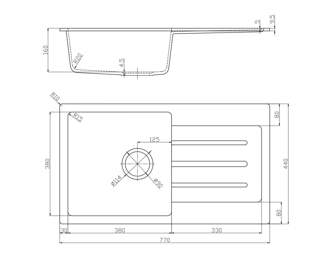 Fomos Sink 770 x 440mm - Single Bowl w/ Drainer