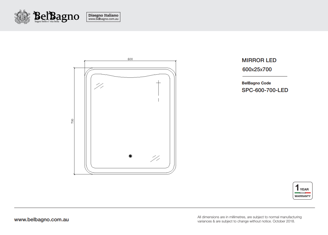 BELBAGNO LED Rectangle Frameless Mirror 600x700mm - Clearance