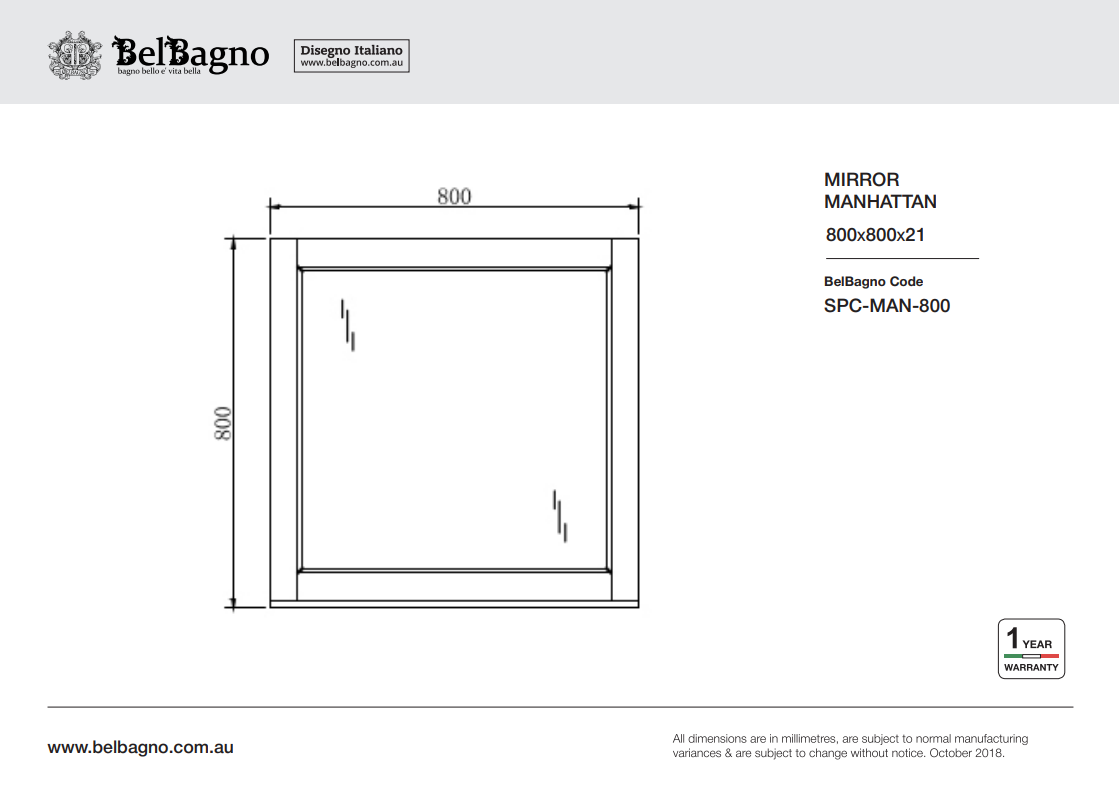 MANHATTAN Square Frame Mirror 800x800mm - Clearance